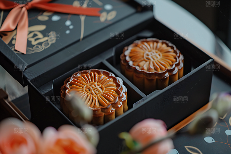 中秋月饼礼盒精致甜点摄影图