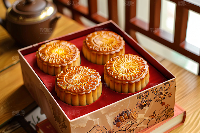 中秋月饼礼盒习俗美味摄影图