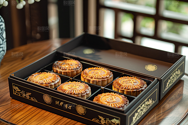 中秋月饼礼盒甜点精致摄影图