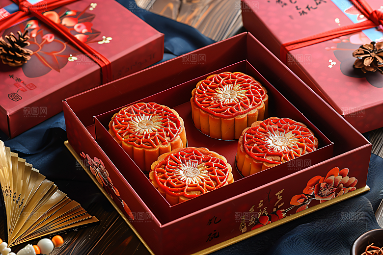 中秋月饼礼盒习俗莲蓉月饼摄影图
