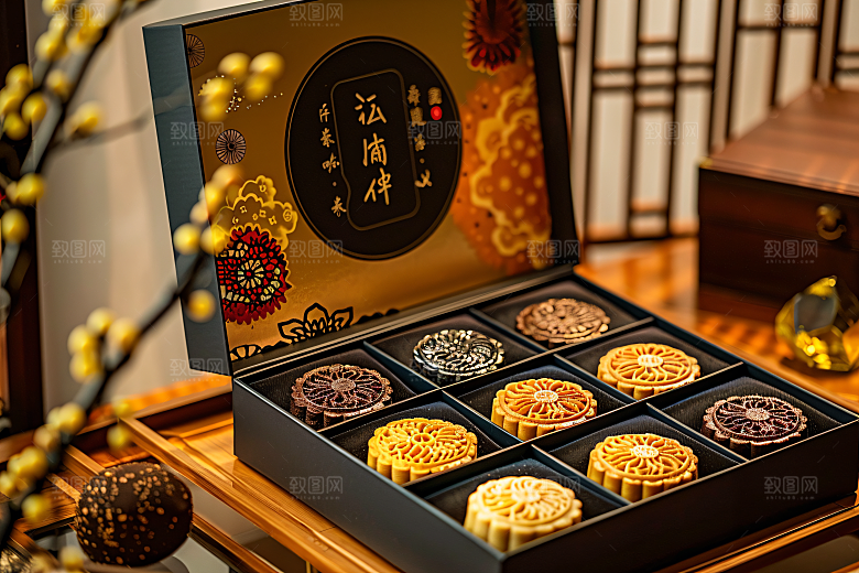 中秋月饼礼盒文化美味摄影图