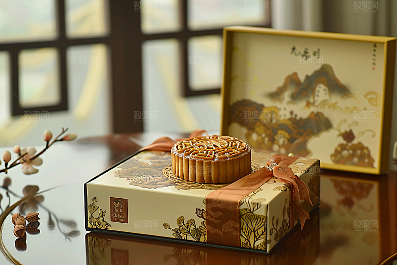 中秋月饼礼盒精致美食摄影图