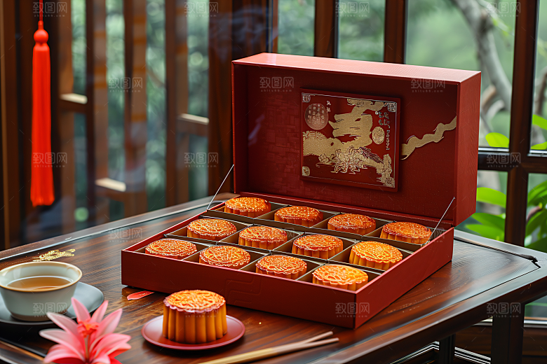 中秋月饼礼盒甜点传统节日摄影图