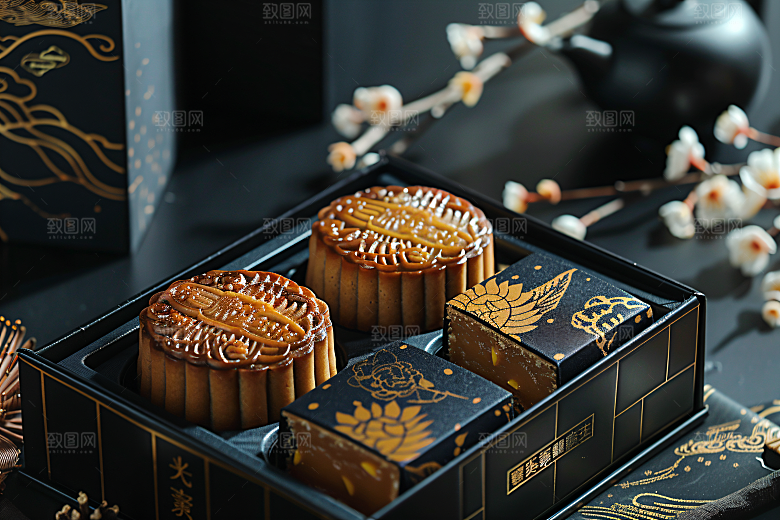 中秋月饼礼盒广式月饼美味摄影图