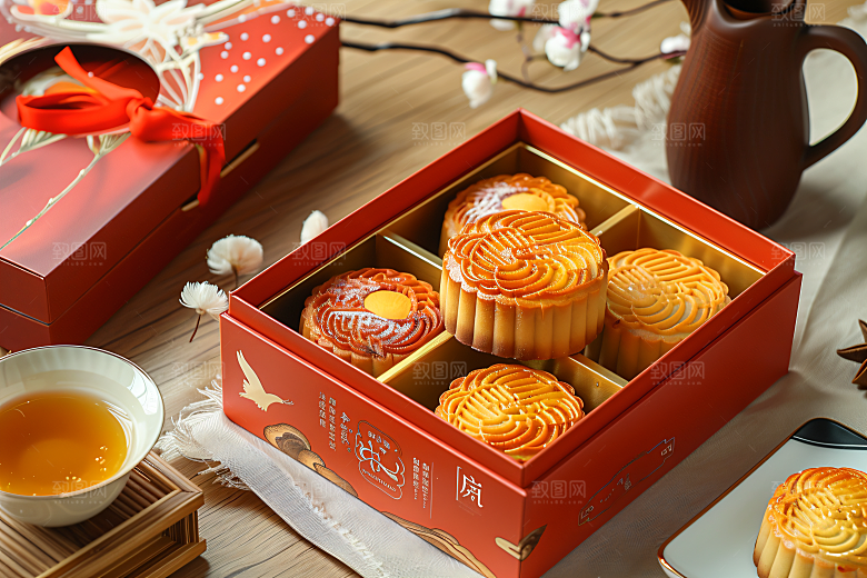 中秋月饼礼盒中秋节甜点摄影图