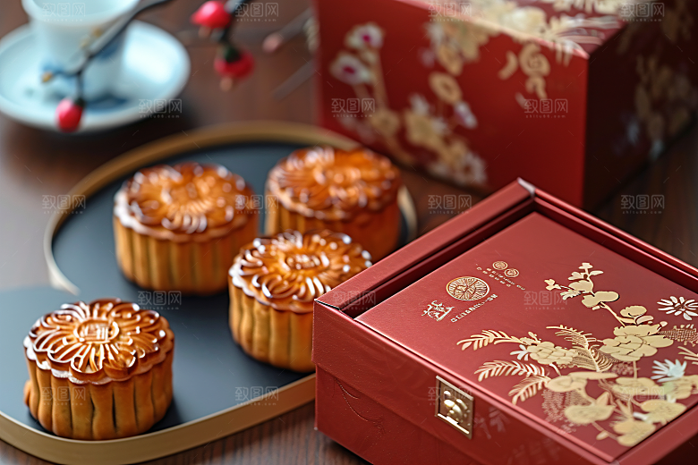 中秋月饼礼盒精致传统美食摄影图