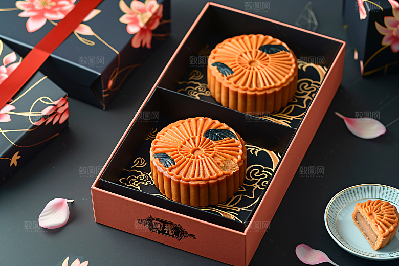 中秋月饼礼盒传统美食甜点摄影图