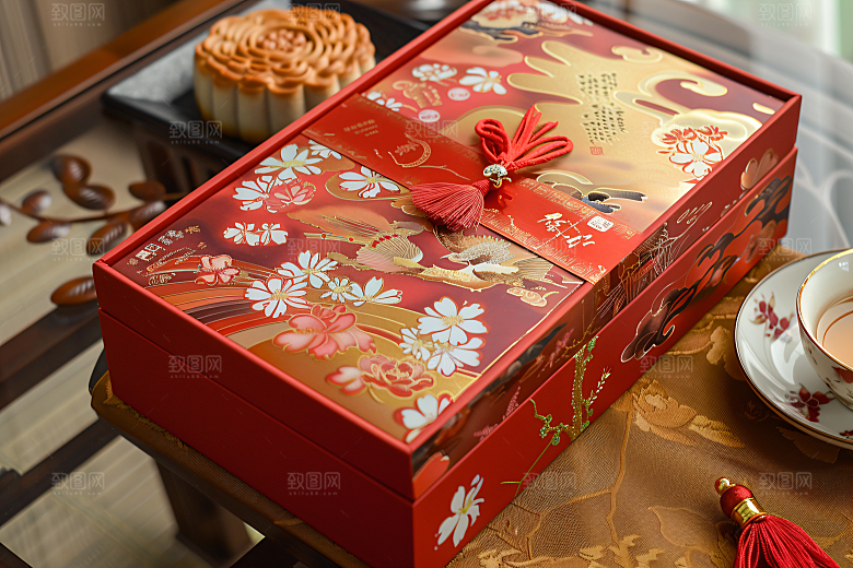 中秋月饼礼盒甜点习俗摄影图