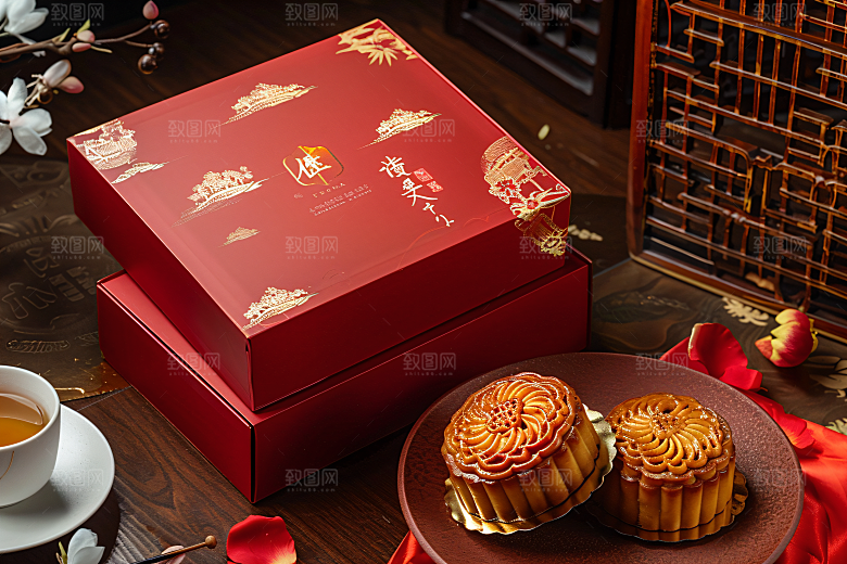 中秋月饼礼盒美味甜点摄影图