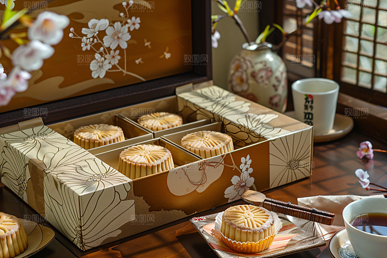 中秋月饼礼盒甜点传统节日摄影图