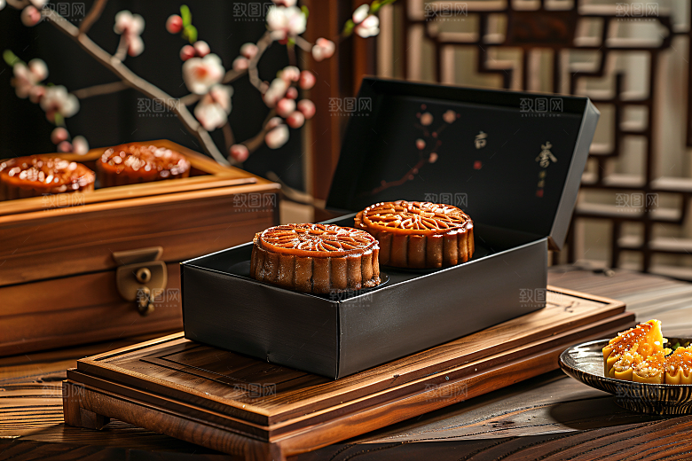 中秋月饼礼盒精致习俗摄影图