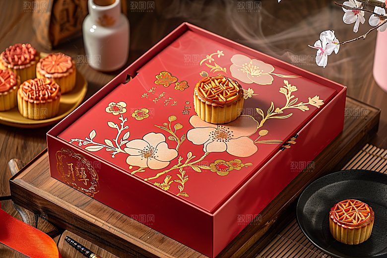 中秋月饼礼盒甜点传统节日摄影图