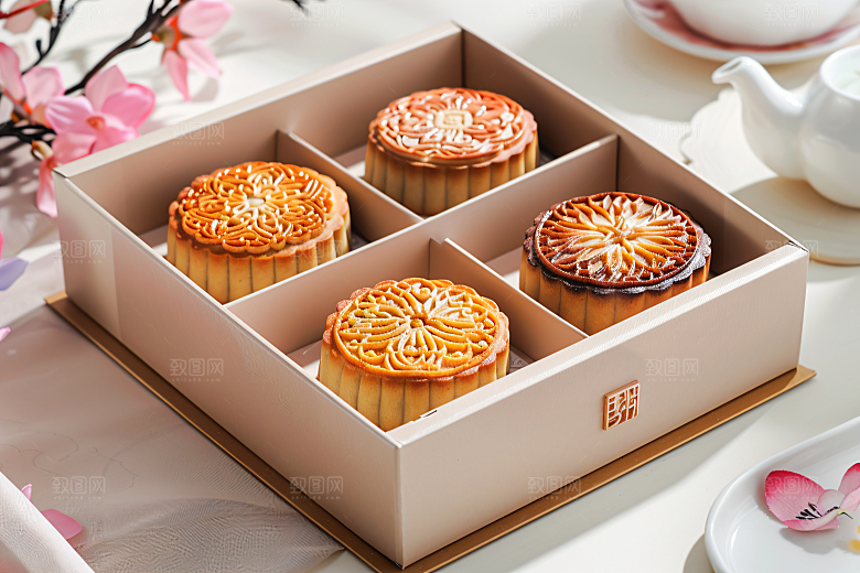中秋月饼礼盒甜点传统美食摄影图