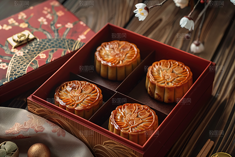 中秋月饼礼盒甜点习俗摄影图