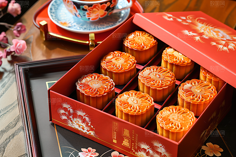 中秋月饼礼盒美食精致摄影图