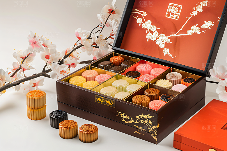 中秋月饼礼盒中秋节精致摄影图