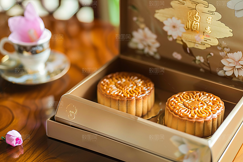 中秋月饼礼盒精致糕点摄影图