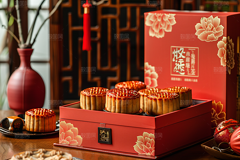 中秋月饼礼盒莲蓉月饼礼品摄影图