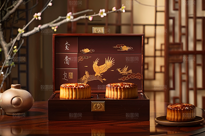 中秋月饼礼盒中秋节精致摄影图