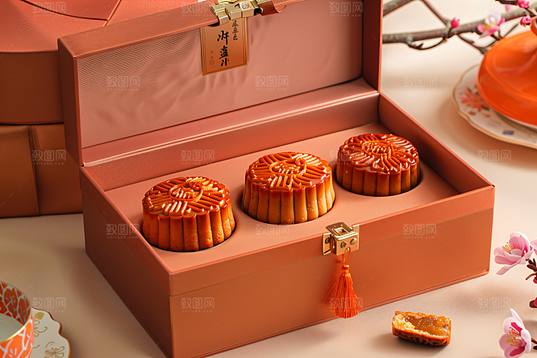中秋月饼礼盒糕点传统美食摄影图