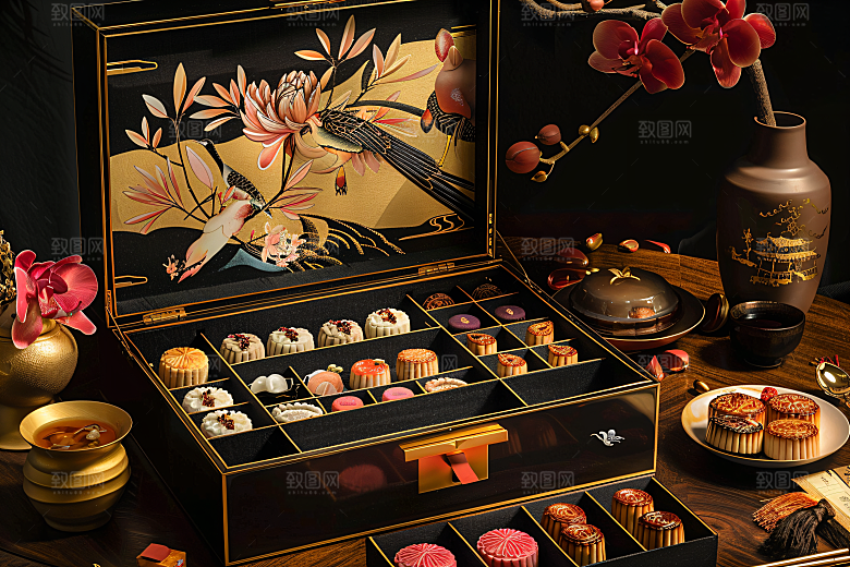 中秋月饼礼盒糕点莲蓉月饼摄影图