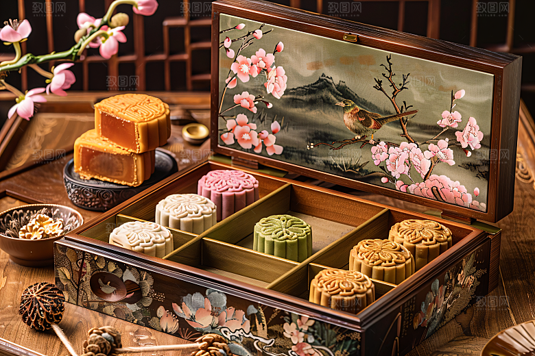 中秋月饼礼盒美食甜点摄影图