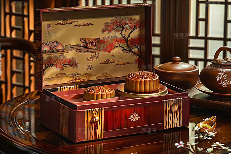中秋月饼礼盒传统美食习俗摄影图