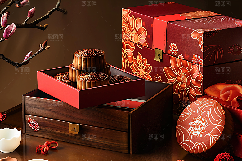 中秋月饼礼盒美味甜点摄影图