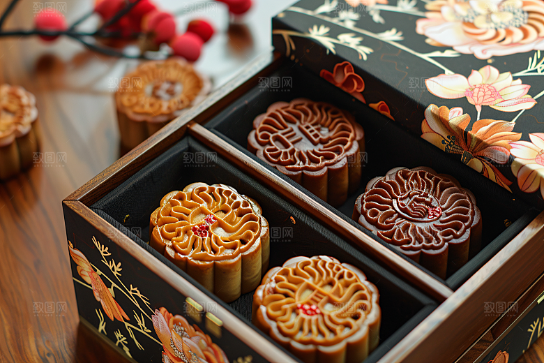 中秋月饼礼盒传统美食广式月饼摄影图