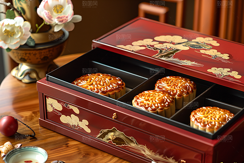 中秋月饼礼盒糕点广式月饼摄影图