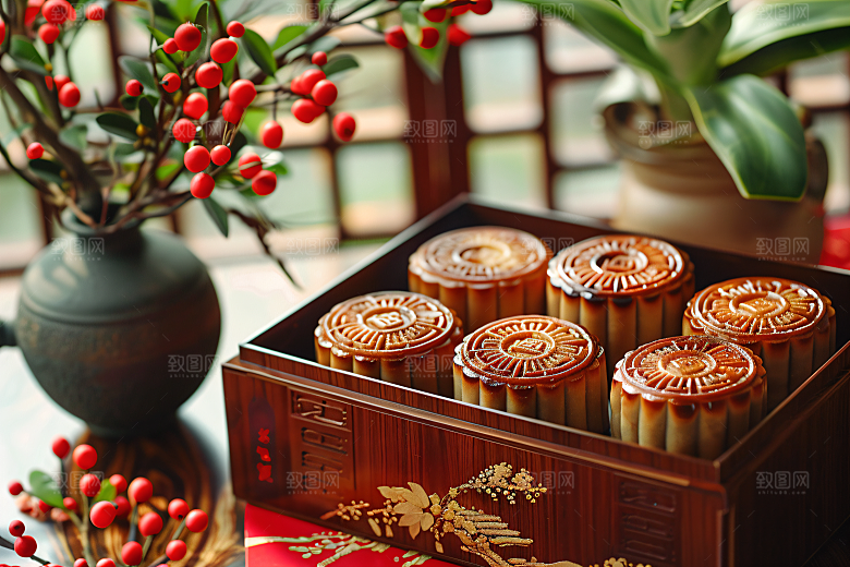 中秋月饼礼盒传统美食高清摄影图
