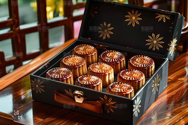 中秋月饼礼盒甜点美味摄影图