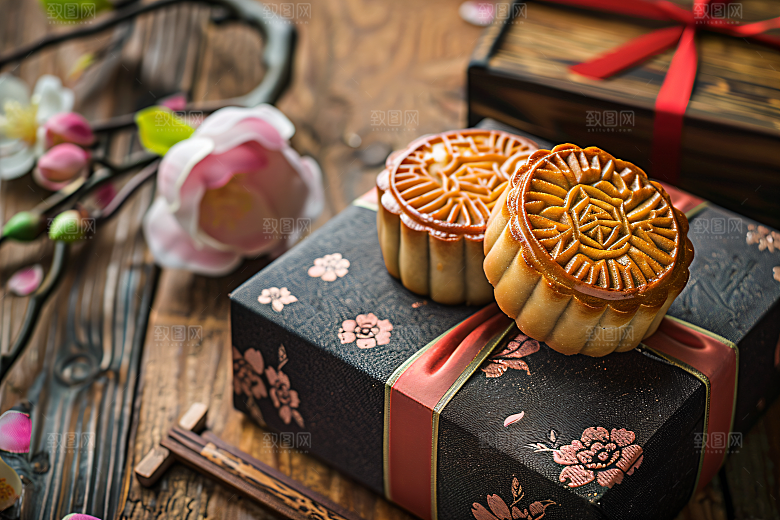 中秋月饼礼盒传统美食糕点摄影图