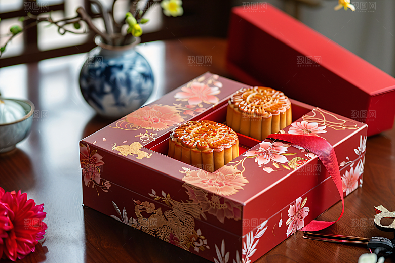 中秋月饼礼盒习俗美味摄影图