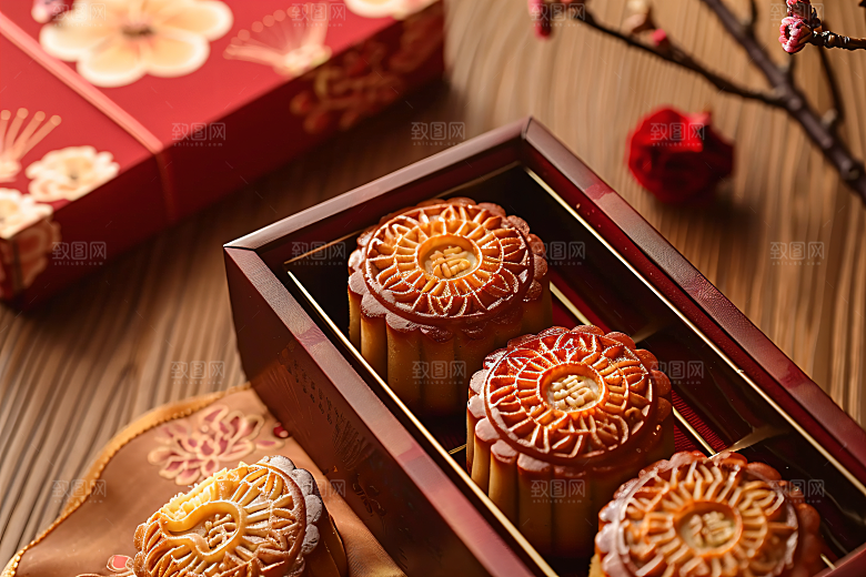 中秋月饼礼盒莲蓉月饼糕点摄影图