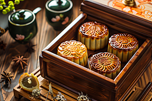中秋月饼礼盒精致甜点摄影图