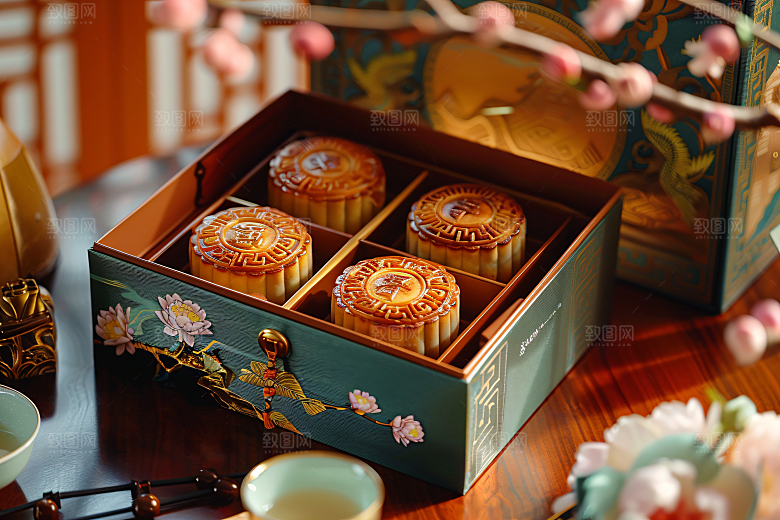 中秋月饼礼盒糕点广式月饼摄影图