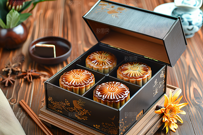 中秋月饼礼盒甜点精致摄影图