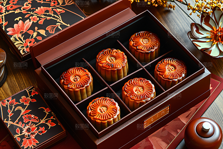 中秋月饼礼盒美味习俗摄影图