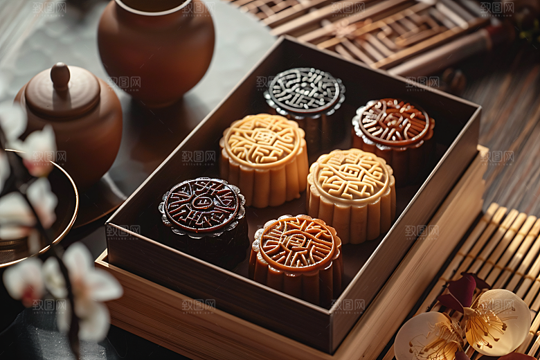 中秋月饼礼盒莲蓉月饼精致摄影图