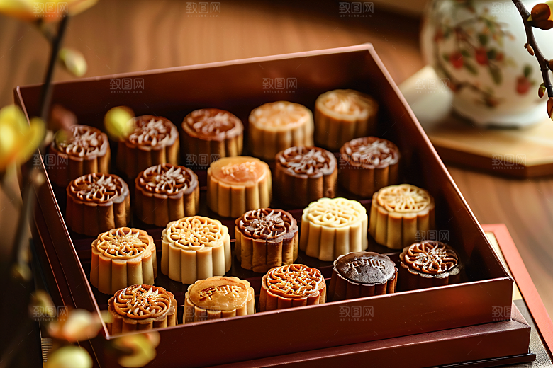 中秋月饼礼盒传统节日糕点摄影图