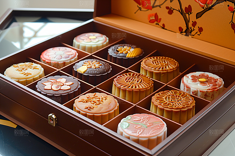中秋月饼礼盒美食糕点摄影图