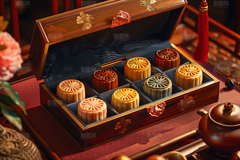 中秋月饼礼盒传统美食习俗摄影图