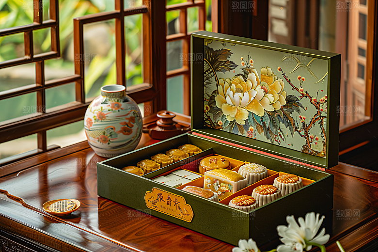 中秋月饼礼盒甜点传统节日摄影图