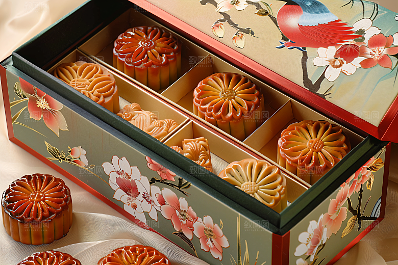 中秋月饼礼盒甜点莲蓉月饼摄影图