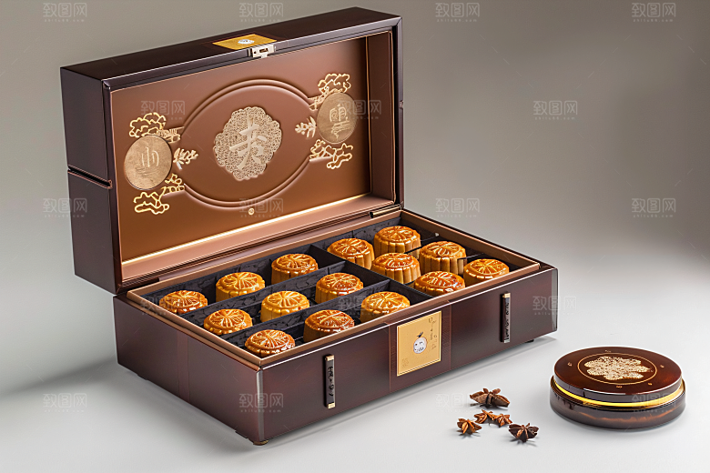 中秋月饼礼盒传统美食精致摄影图