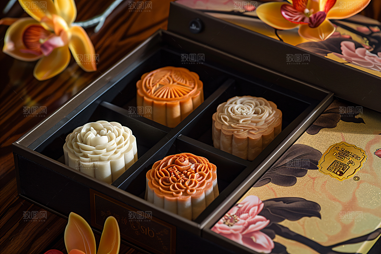 中秋月饼礼盒糕点莲蓉月饼摄影图
