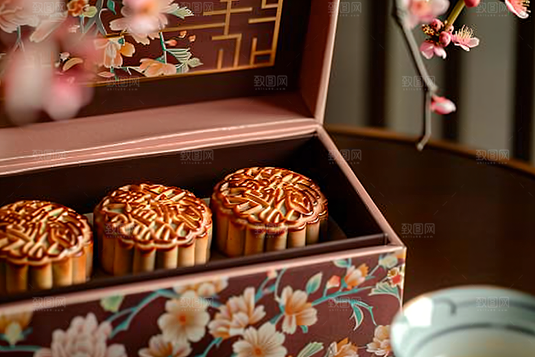 中秋月饼礼盒甜点莲蓉月饼摄影图