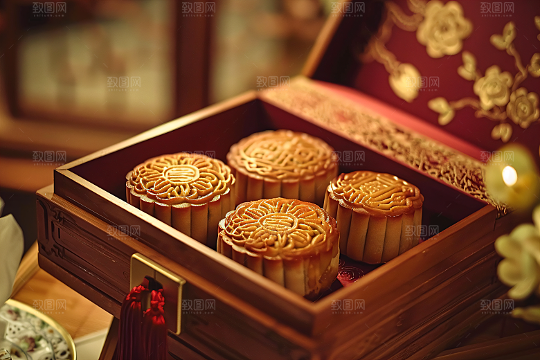 中秋月饼礼盒糕点习俗摄影图