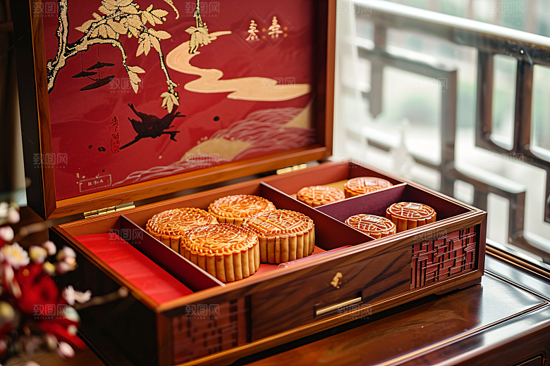 中秋月饼礼盒精致文化摄影图